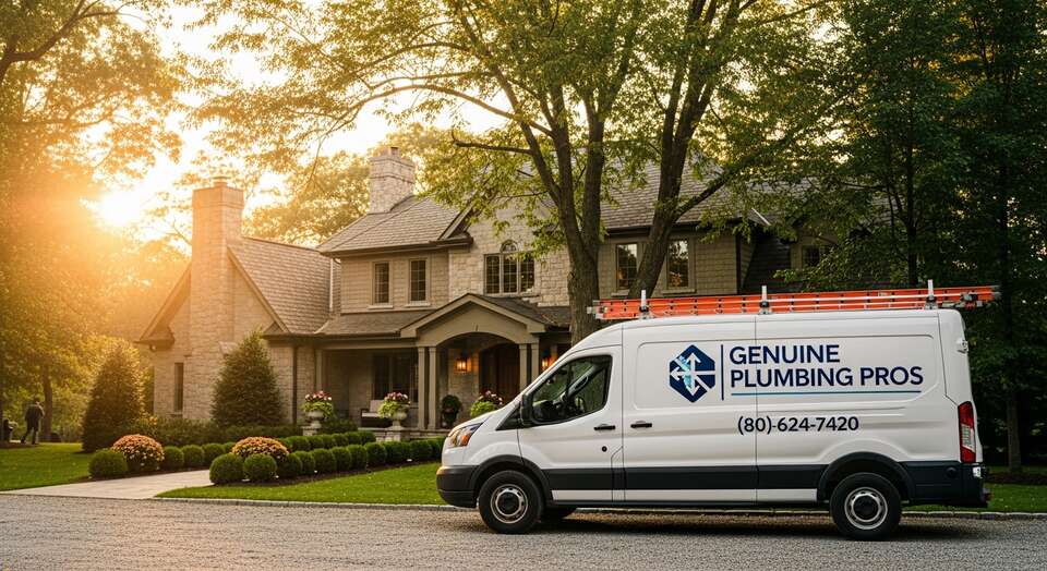 Genuine Plumbing Pros service van parked outside a home in the Fox Valley at golden hour