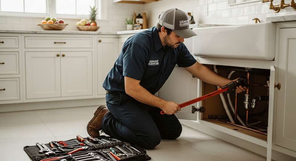 Justin, Genuine Plumbing Pros owner, repairing copper plumbing under a kitchen sink