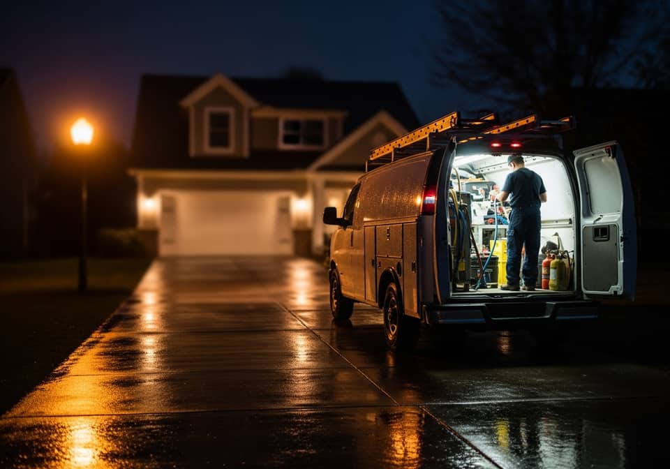 Plumbing service van at a residential home at night