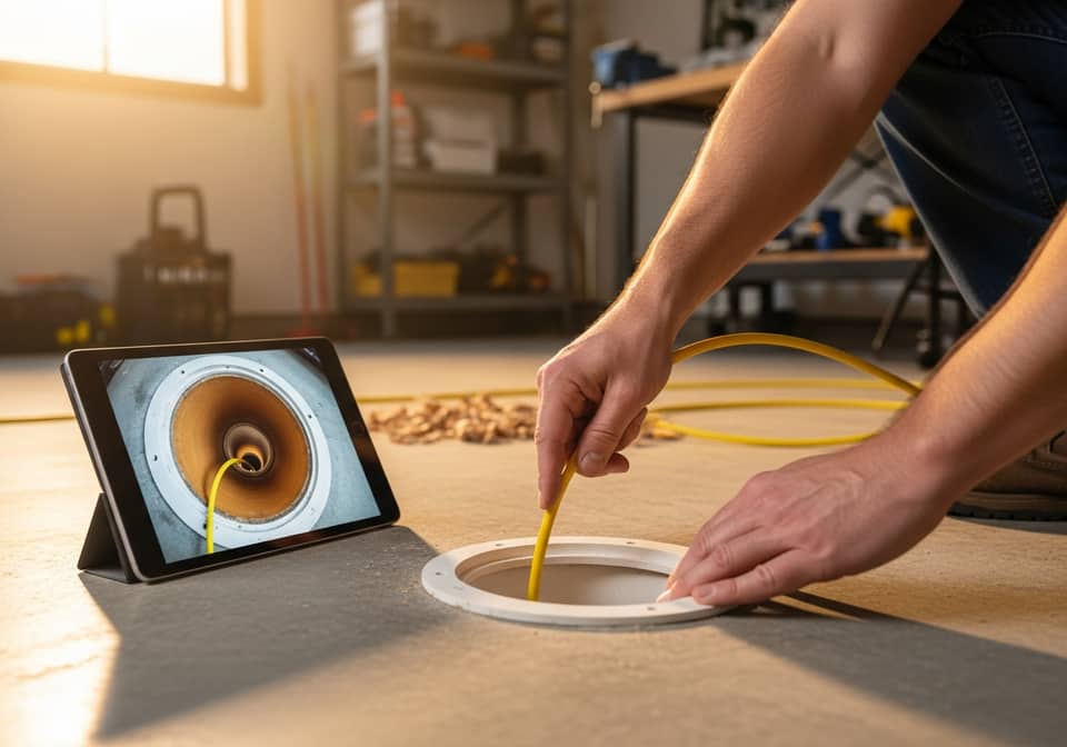 Plumber guiding a sewer camera down a drain cleanout
