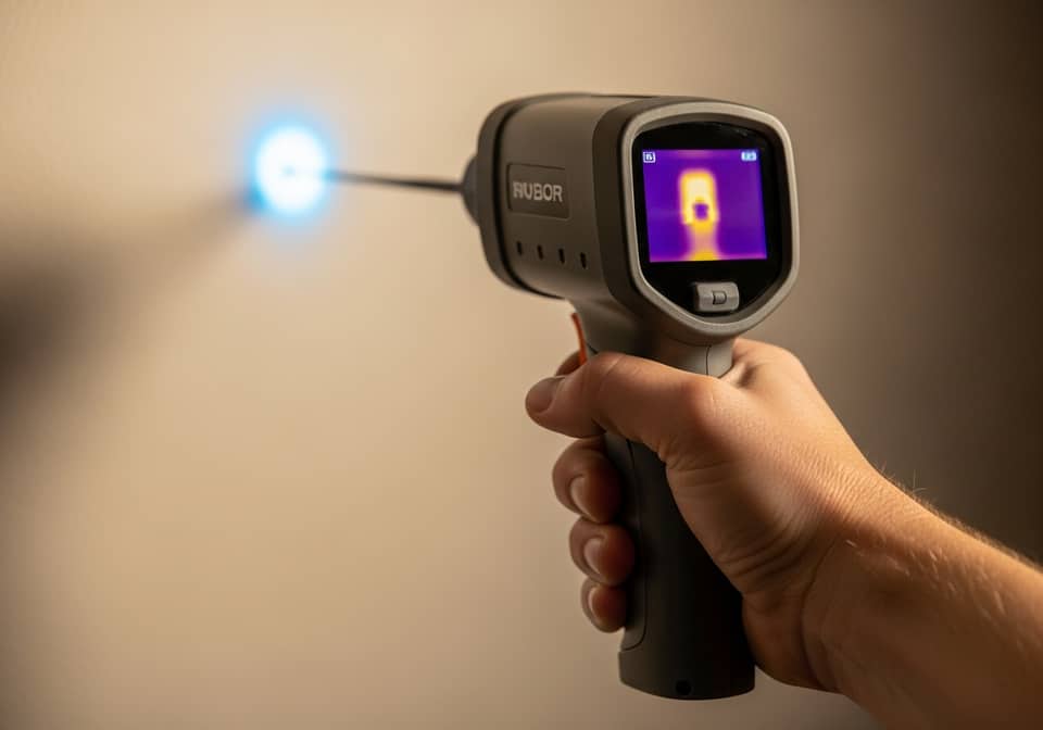 Thermal imaging gun reading a wall for a hidden leak