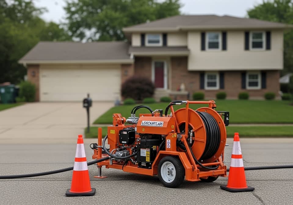 Trenchless sewer line equipment on a residential lawn