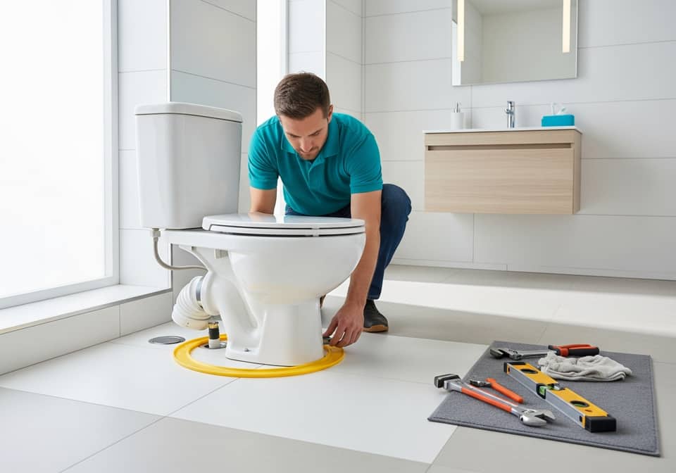 Plumber installing a new toilet in a modern bathroom