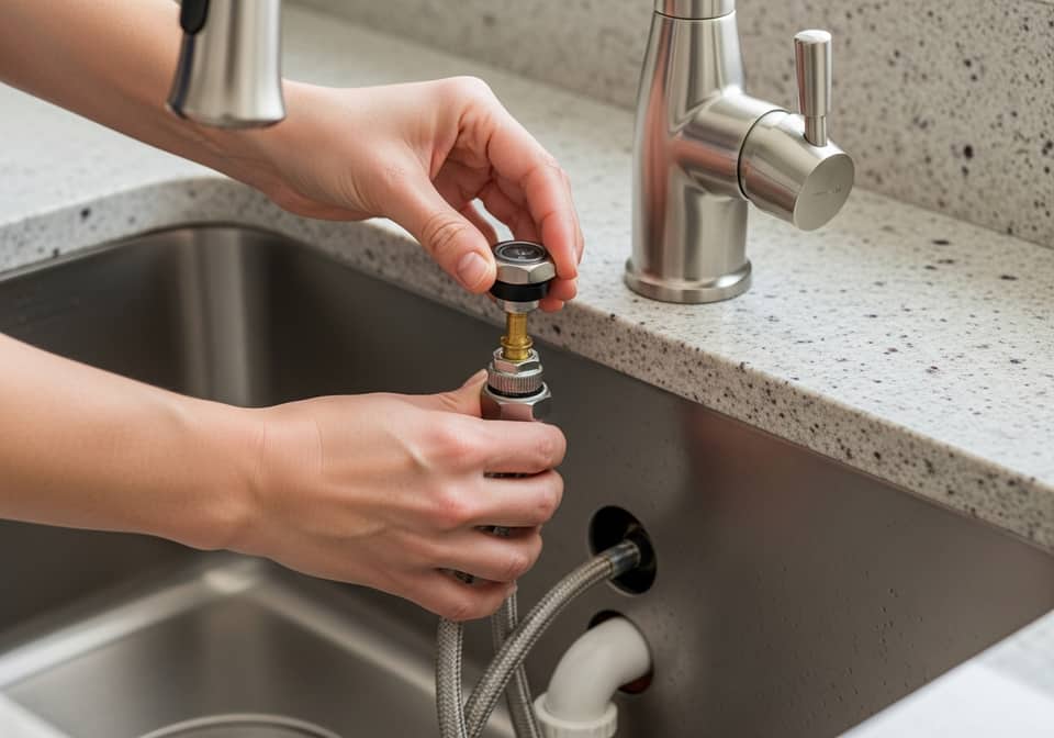 Hands installing a brushed-nickel kitchen faucet