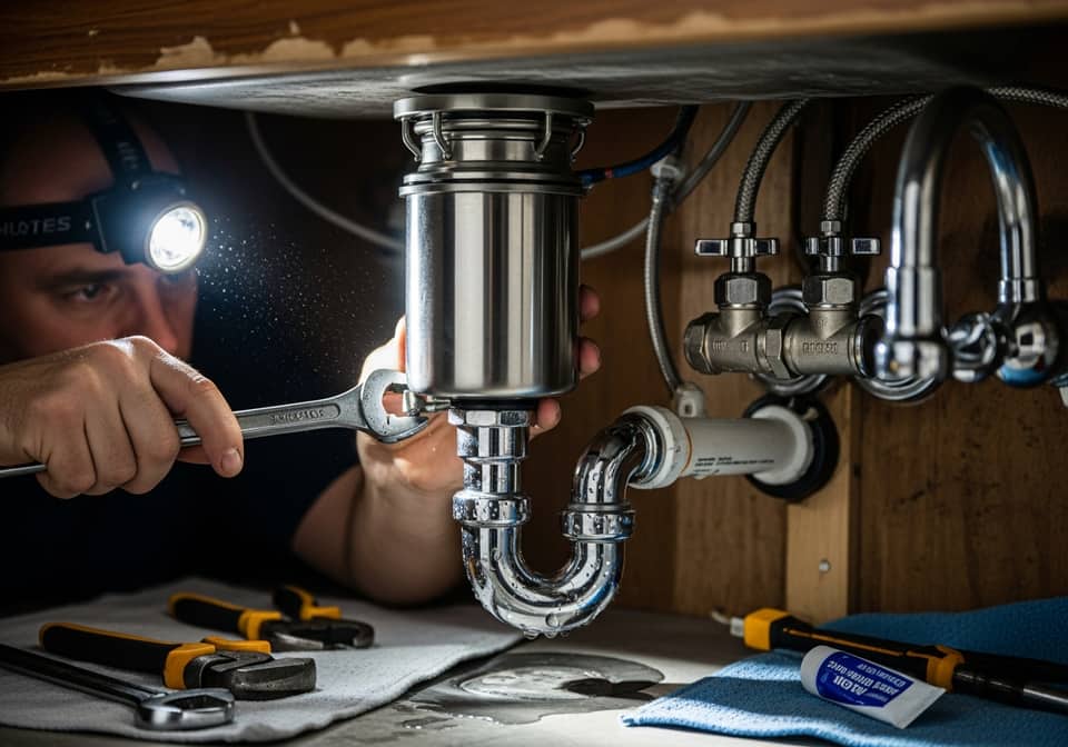 Plumber installing a garbage disposal under a sink