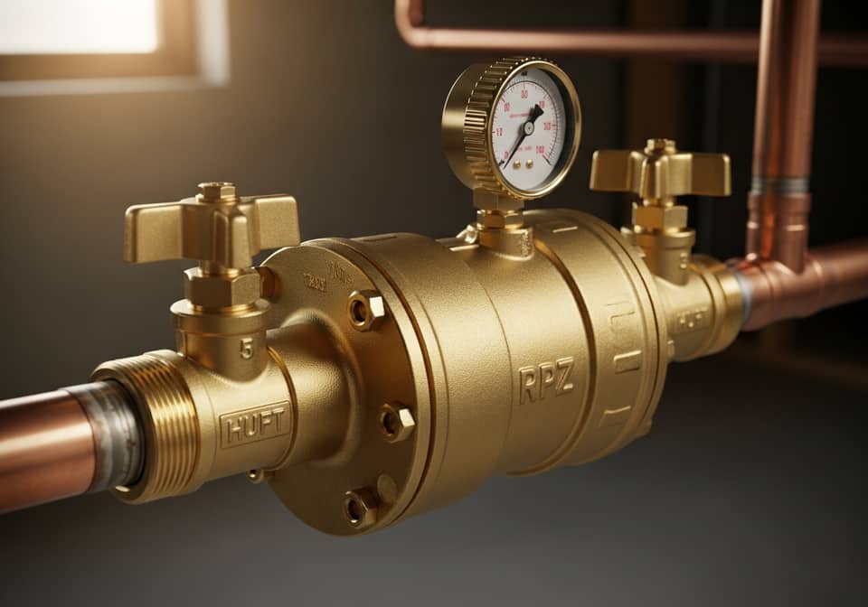 Brass backflow prevention device on a basement supply line