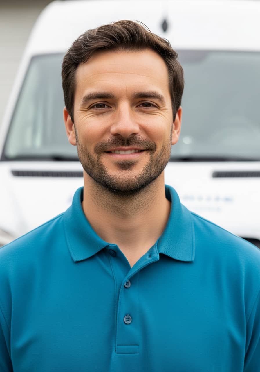 Justin, owner of Genuine Plumbing Pros, in a teal polo in front of his service van