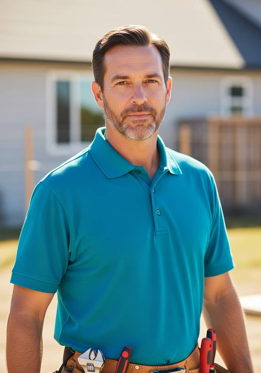 Experienced field plumber in a branded polo at a Fox Valley jobsite