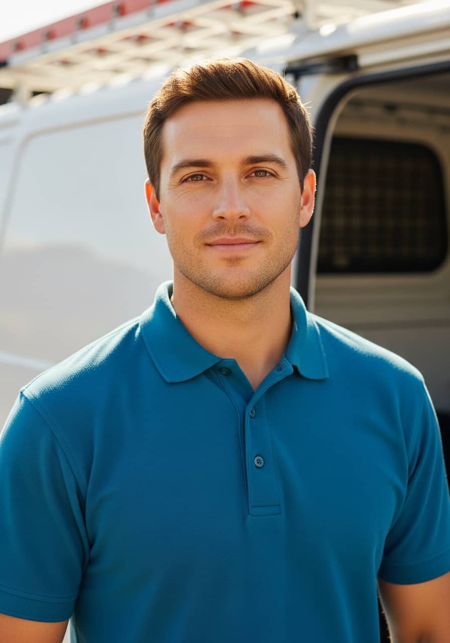 Younger apprentice plumber in a branded polo beside an open service van